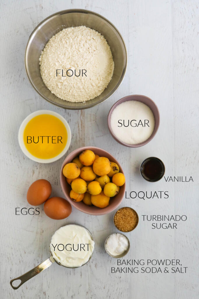 Ingredients for loquat muffin recipe.