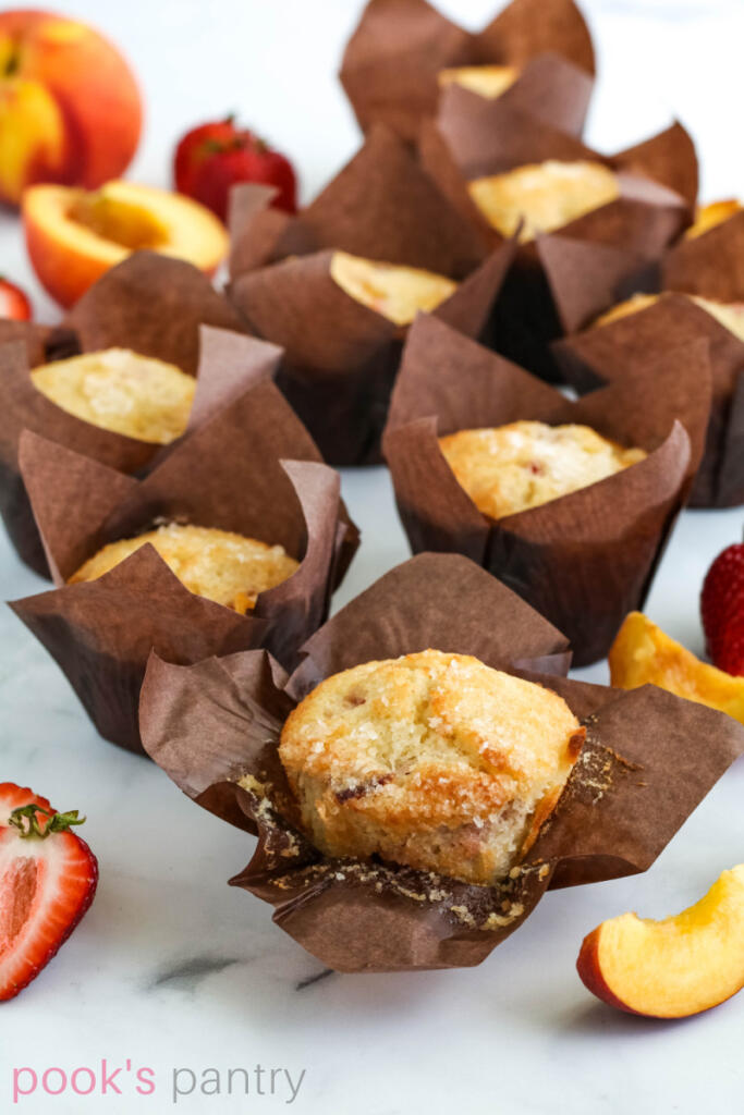 Buttermilk muffins with strawberries and peaches.