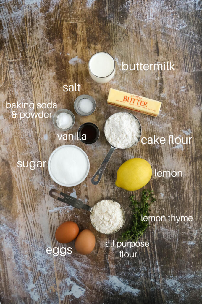 Ingredients for lemon pound cake with lemon thyme.