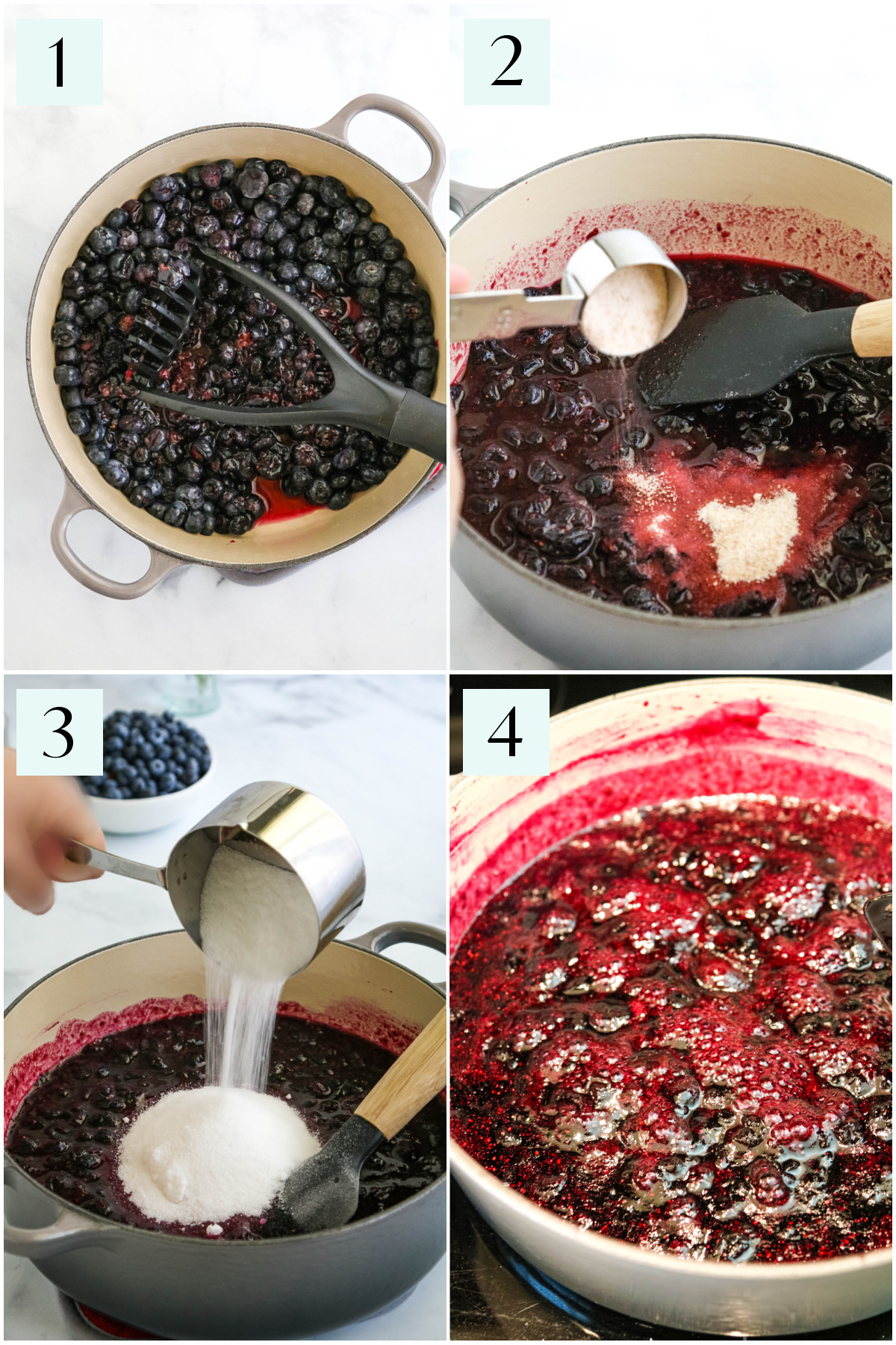Step by step photos showing how to make blueberry lime jam.