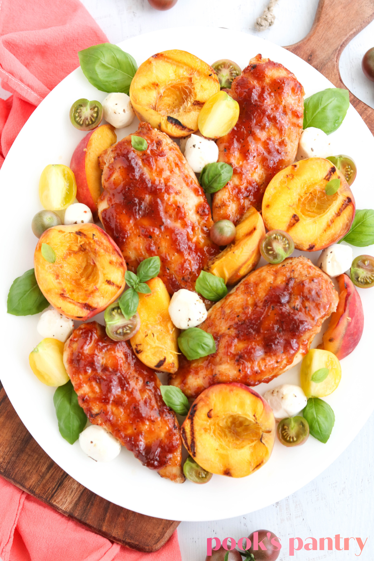 Glazed grilled chicken and peaches