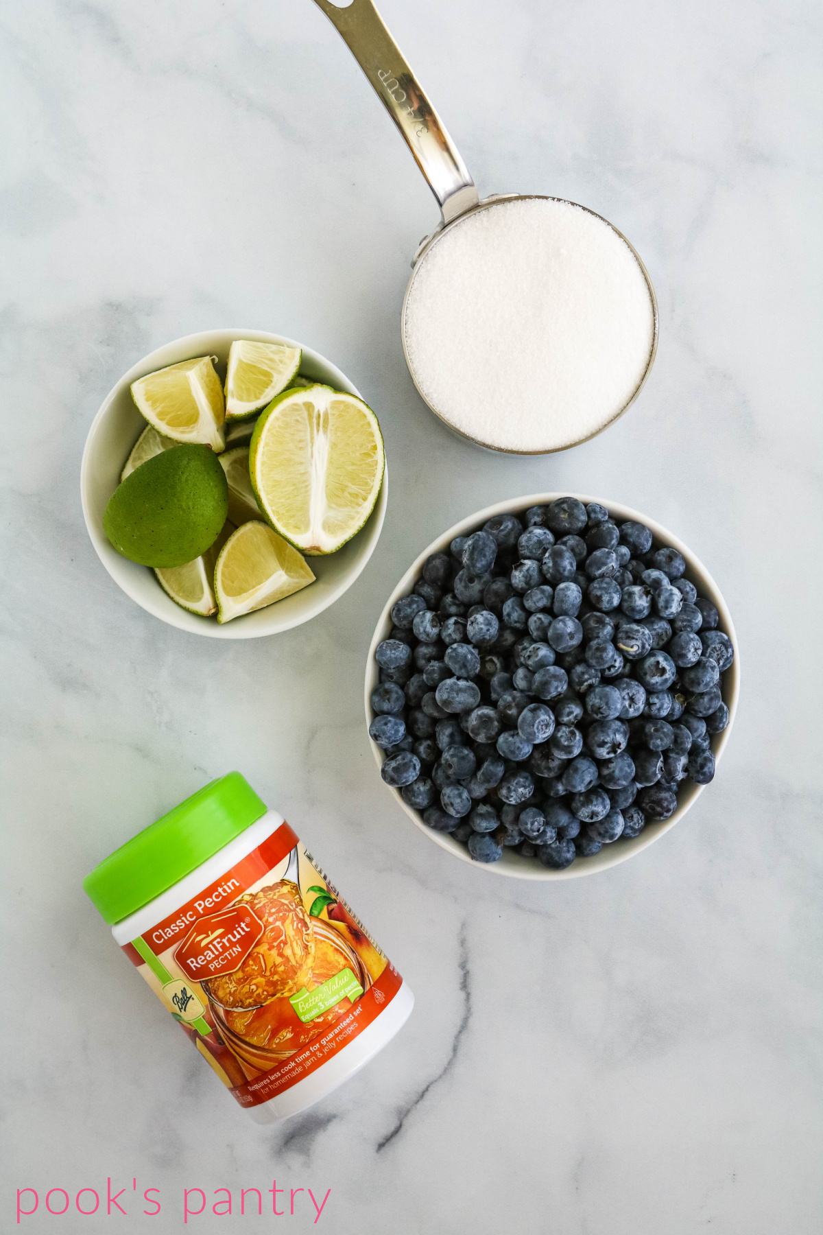 Ingredients for blueberry lime jam.