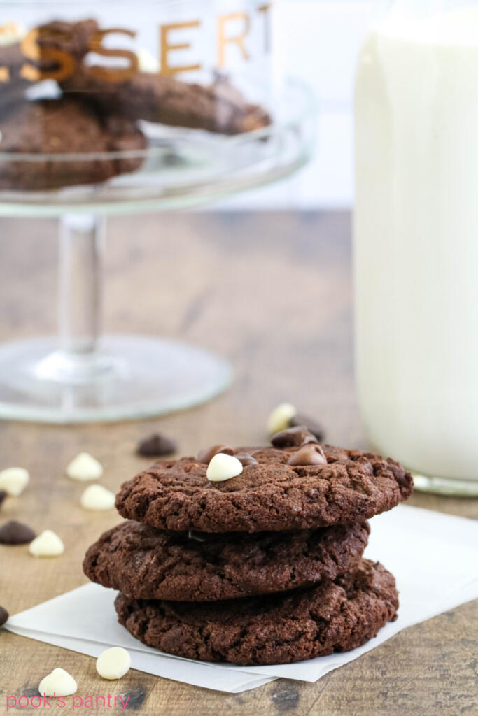 Stacked triple chocolate cookies.