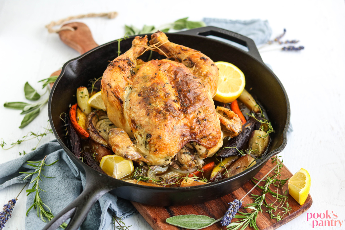 Chicken dinner with herbs and lemon.