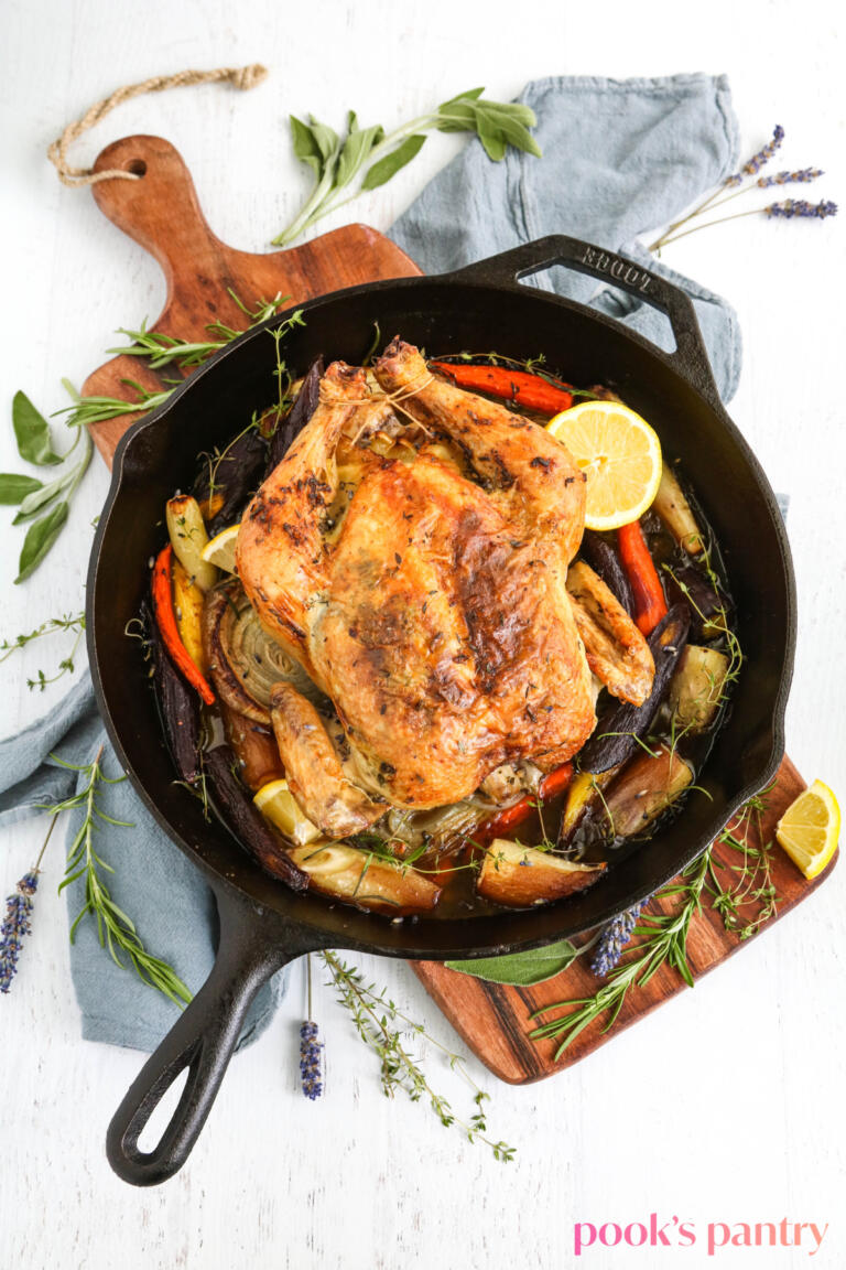 Perfect French roast chicken with vegetables
