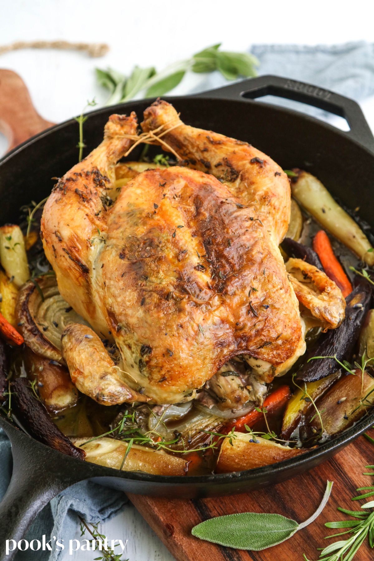 Perfect roast chicken and vegetables with French herbs.