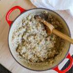 Oatmeal for dogs in a red cast iron pot with a large spoon.