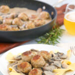 Chicken meatballs in mushroom gravy.