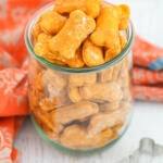 Soft pumpkin dog treats in a glass jar with an orange towel behind the jar.