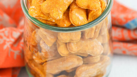 Soft pumpkin dog treats in a glass jar with an orange towel behind the jar.