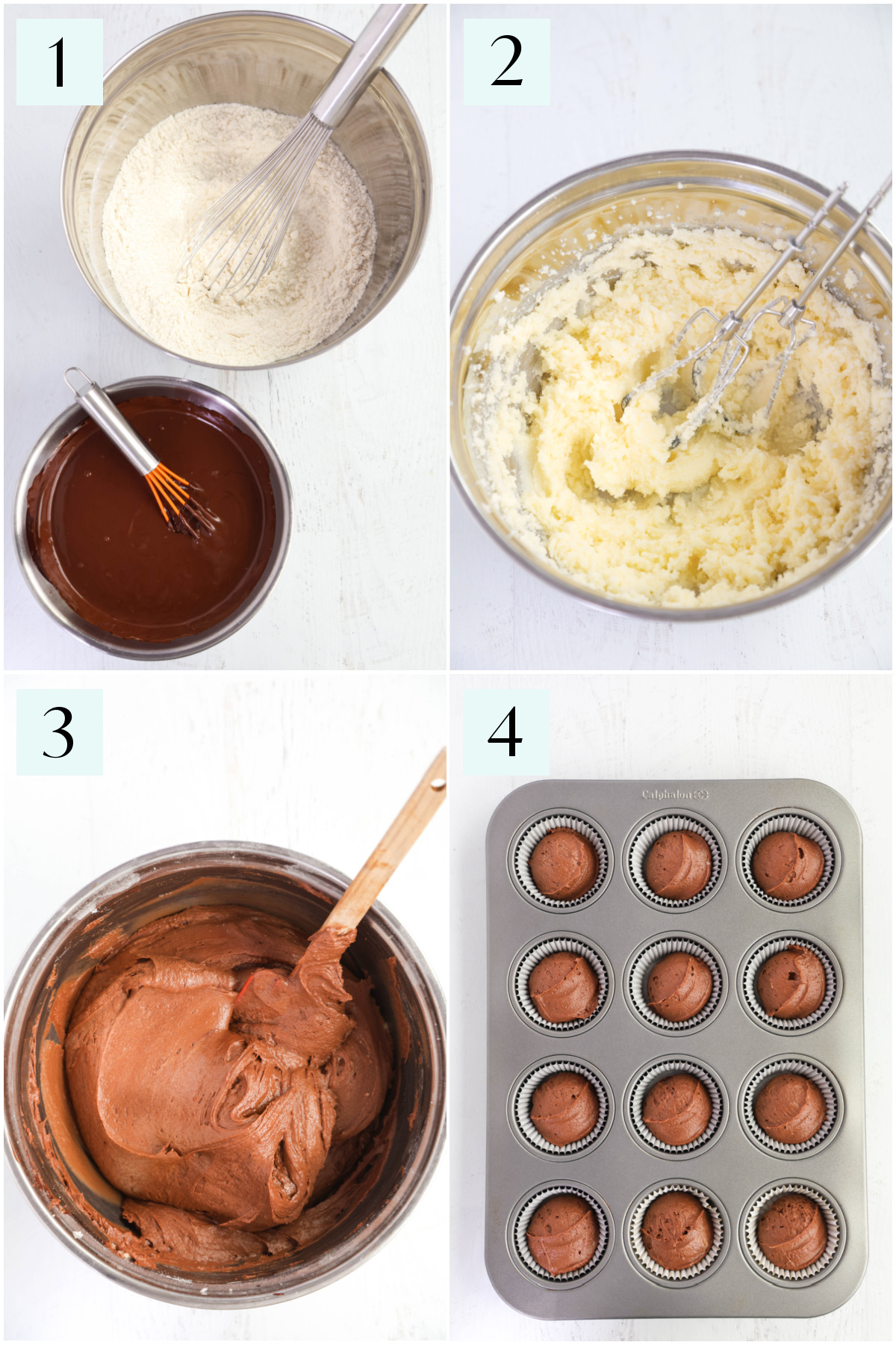 Step by step instructions showing how to make cupcakes.