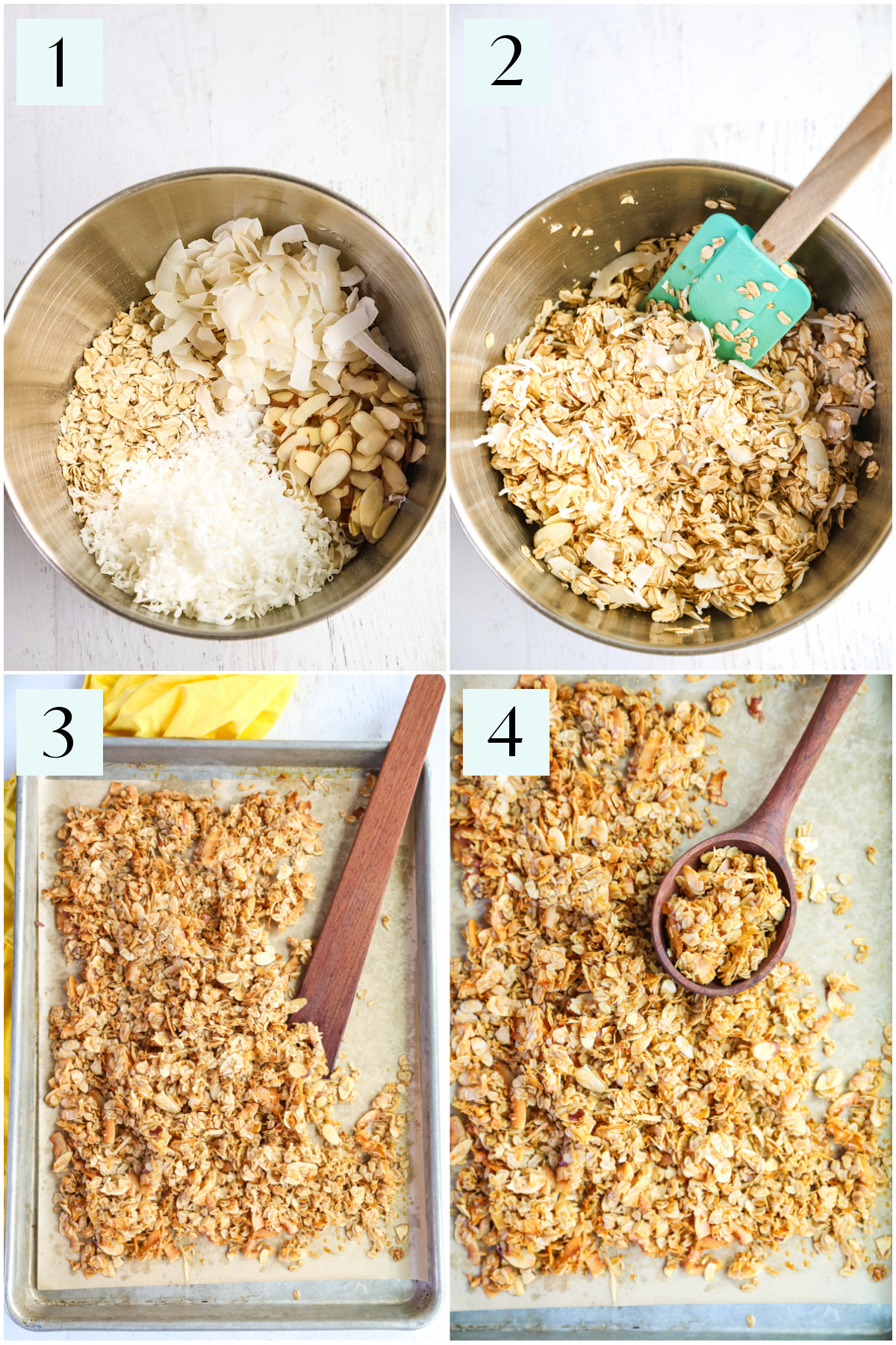 Step by step photos showing how to make coconut granola.