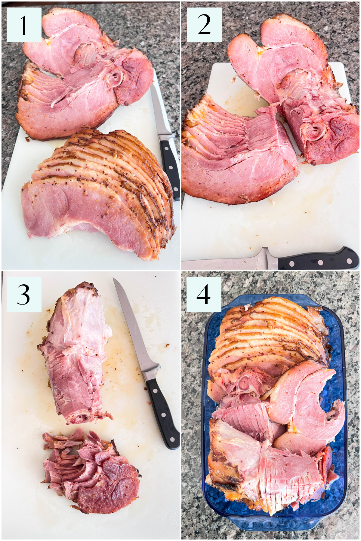 Step by step photos demonstrating how to cut a spiral sliced ham.