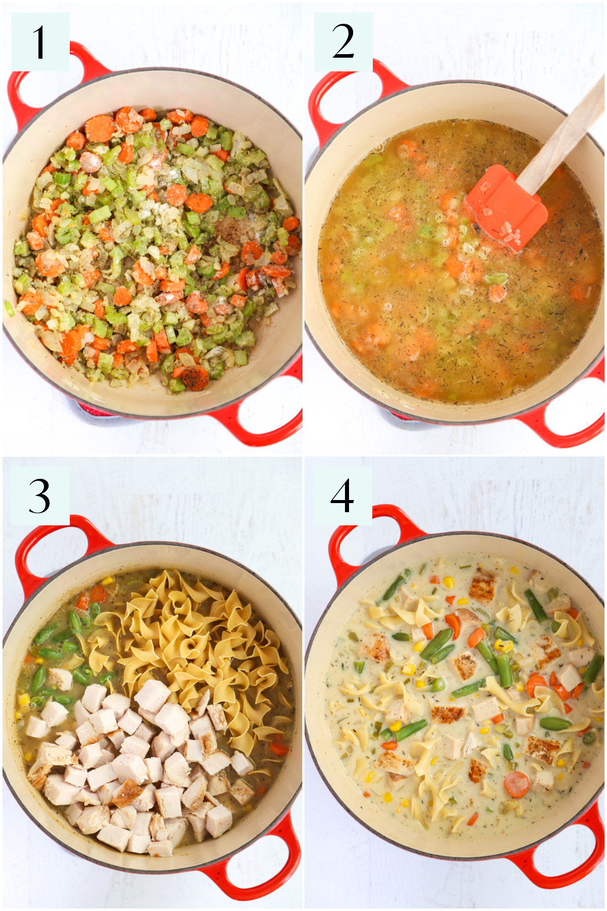 Step by step photos showing how to make creamy chicken noodle soup.