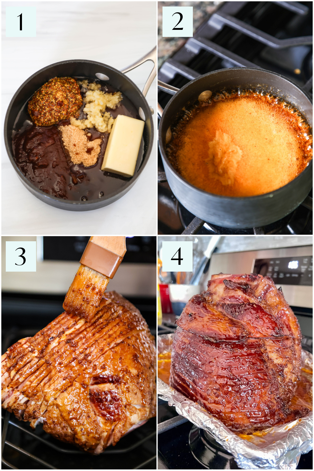 Step by step photos showing how to make and apply glaze on a spiral sliced ham.