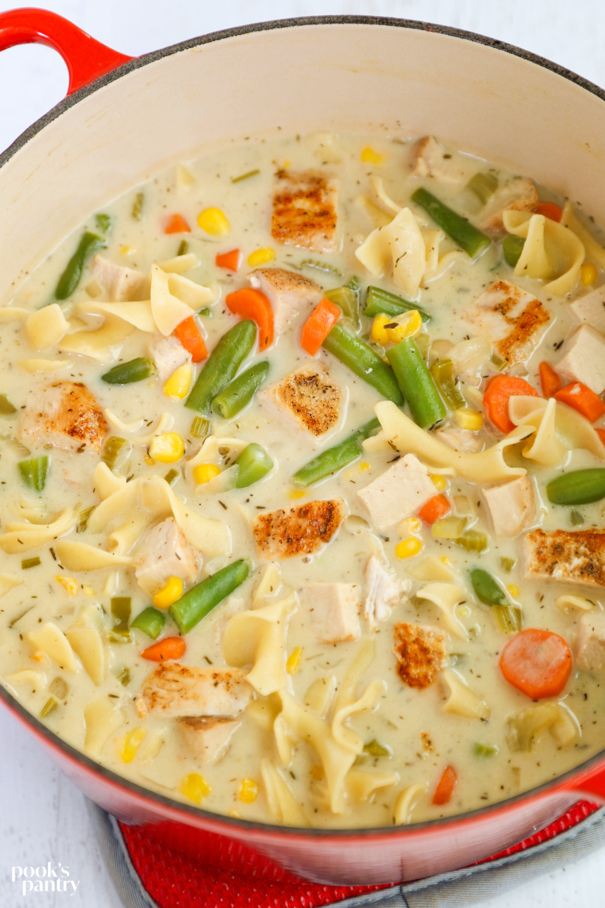 Pot of creamy chicken soup with noodles and vegetables.