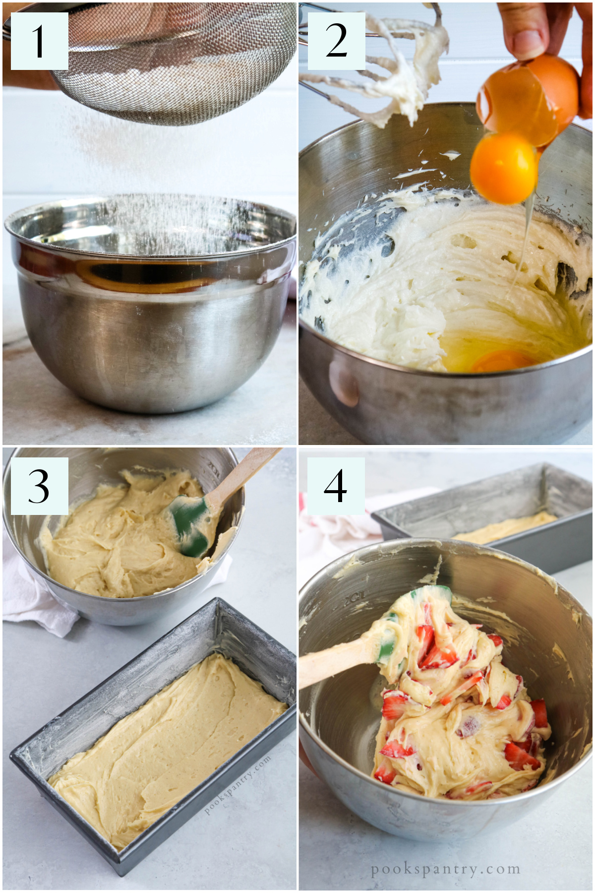 Step by step photos showing how to make a pound cake recipe with strawberries.