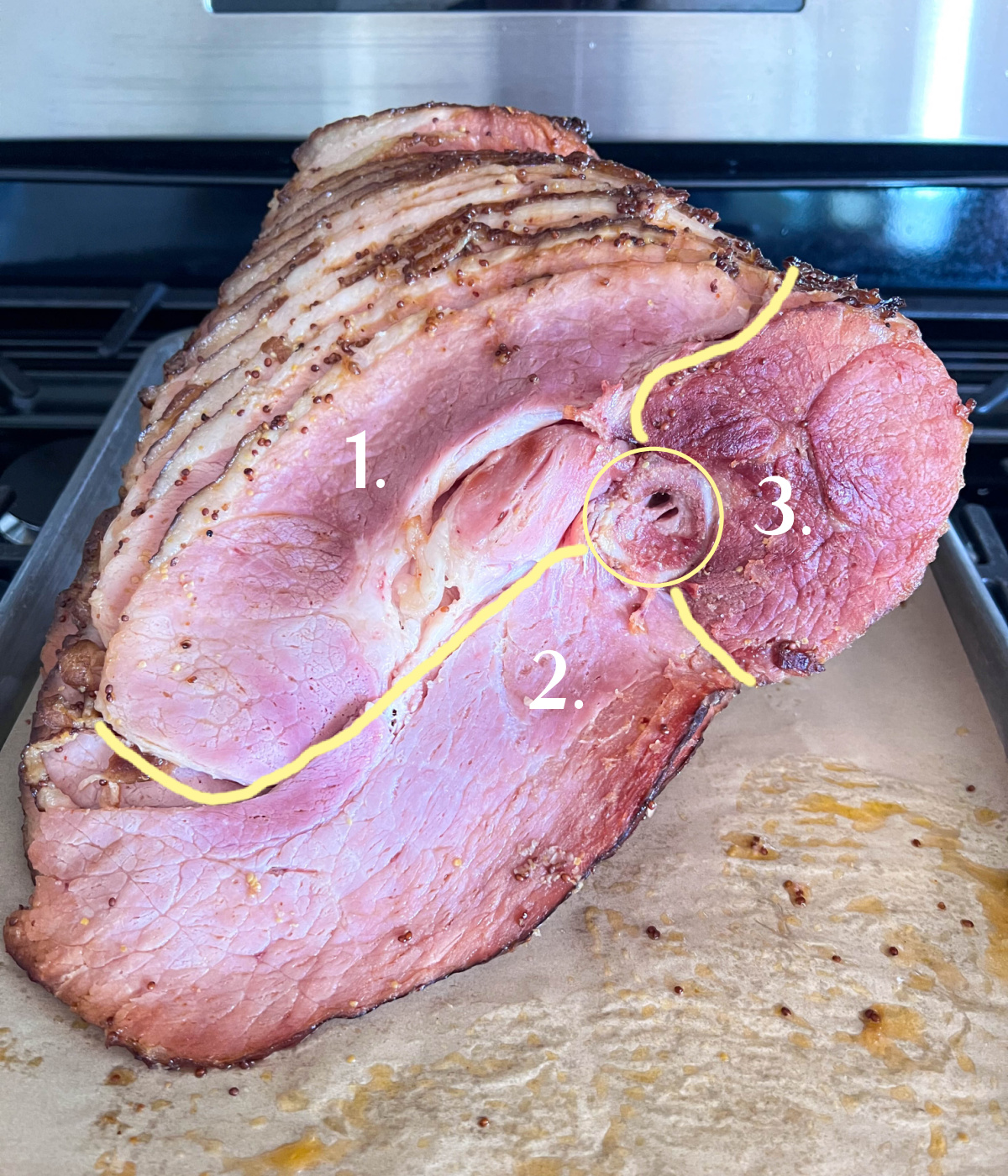 Diagram on a photo showing how to slice a spiral ham.