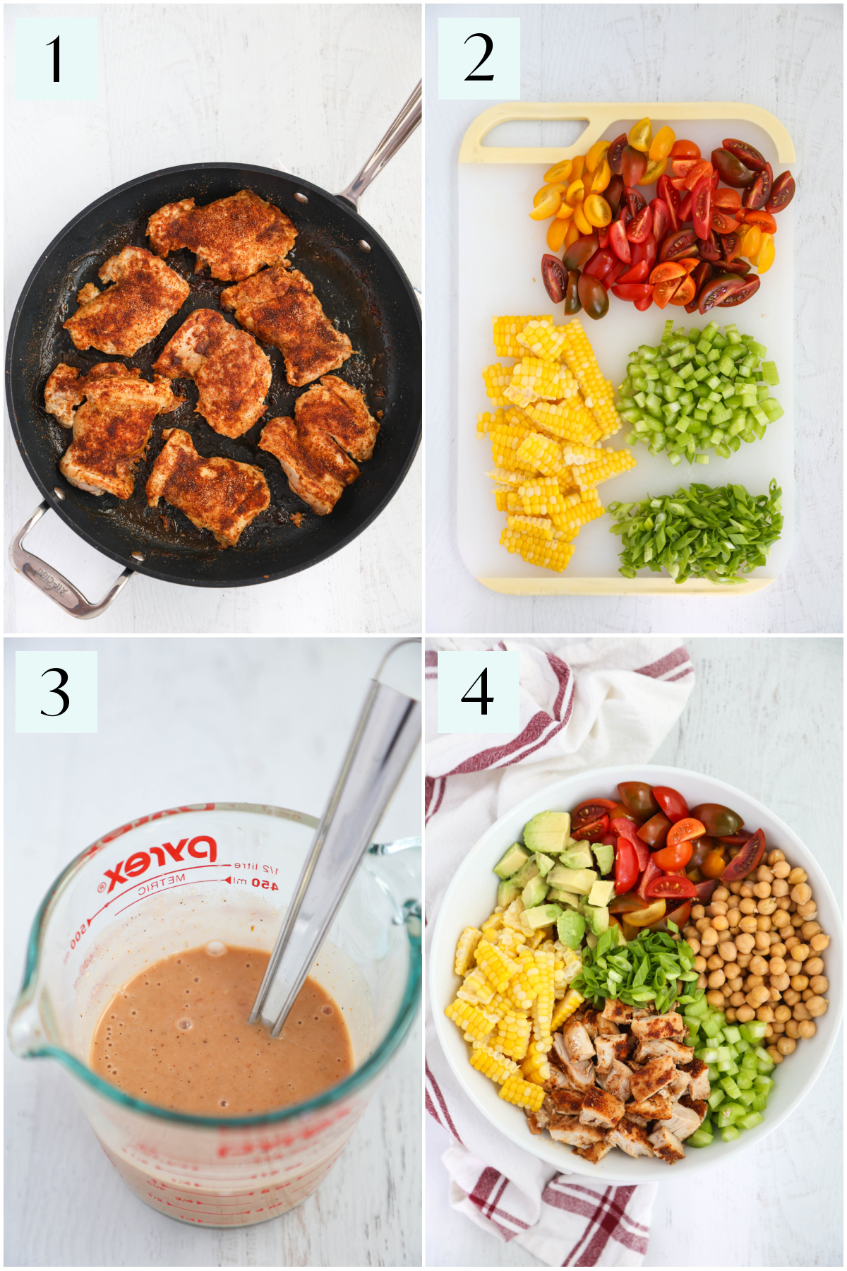Step by step photos showing how to make BBQ chicken salad.