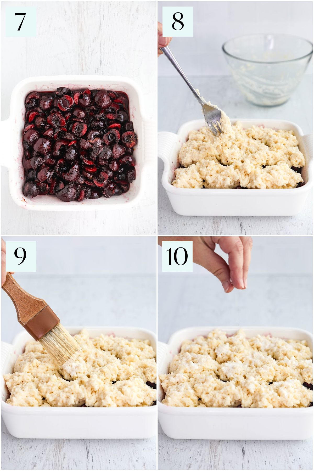 Step by step photos showing how to assemble fresh cherry cobbler from scratch.