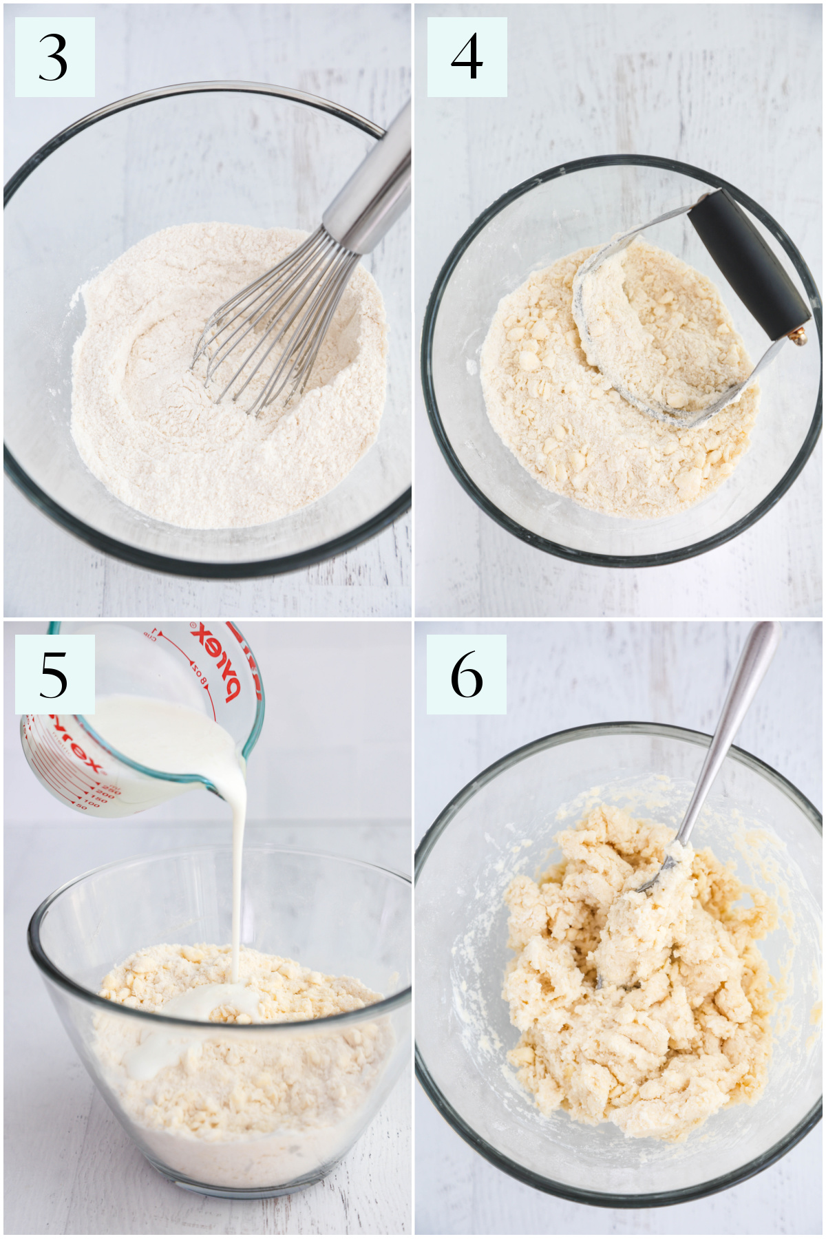 Step by step collage showing how to make the biscuit topping for cobbler.