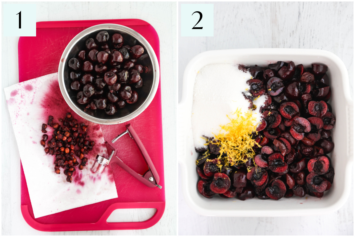 Preparing cherries for cherry cobbler.