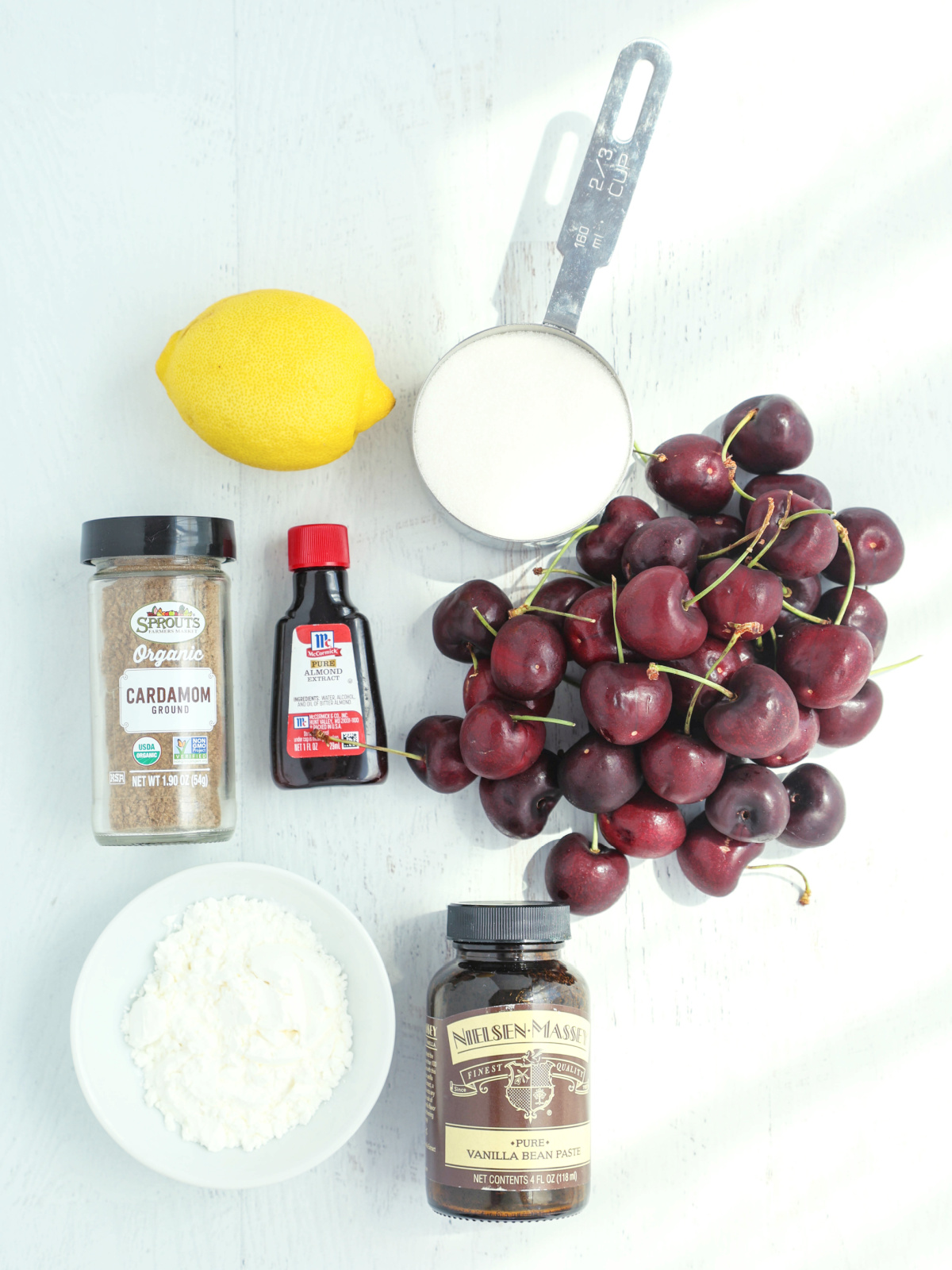 Ingredients for cobbler filling on a light background.