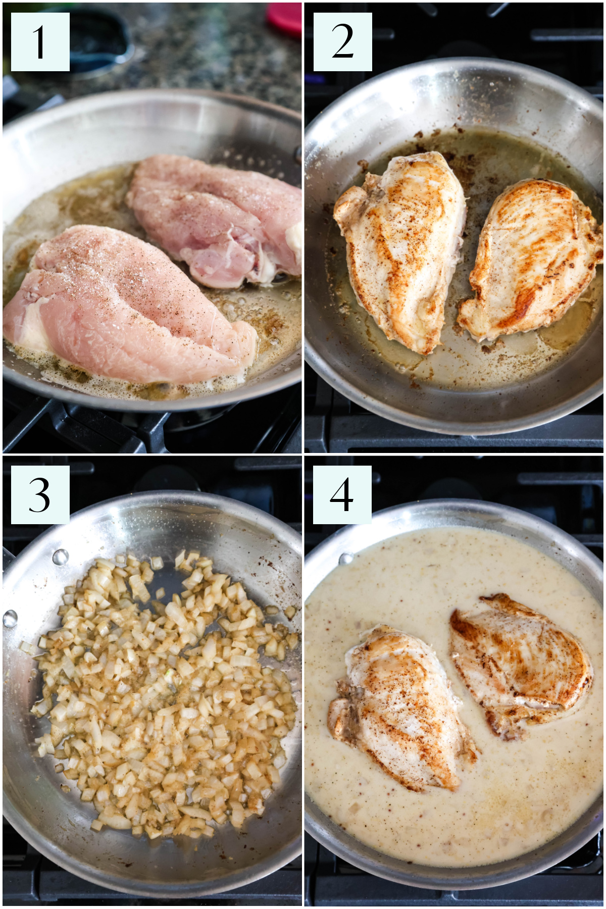 Step by step photos showing how to make Dijon chicken pasta.