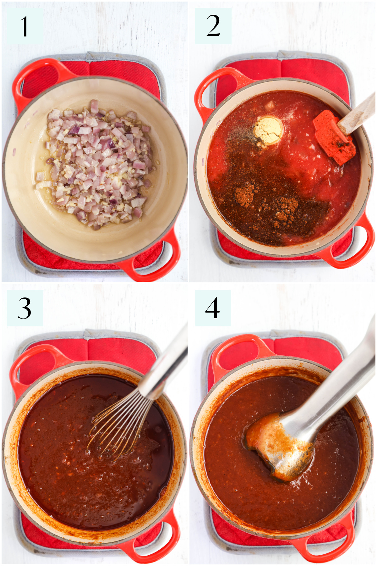 Step by step photos showing how to make maple bourbon BBQ sauce.