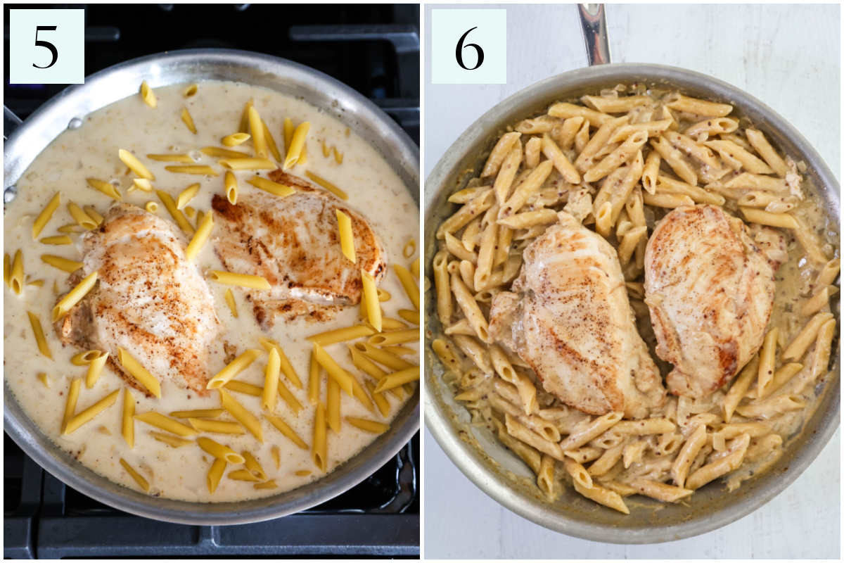 Photos of the final steps of Dijon chicken pasta.