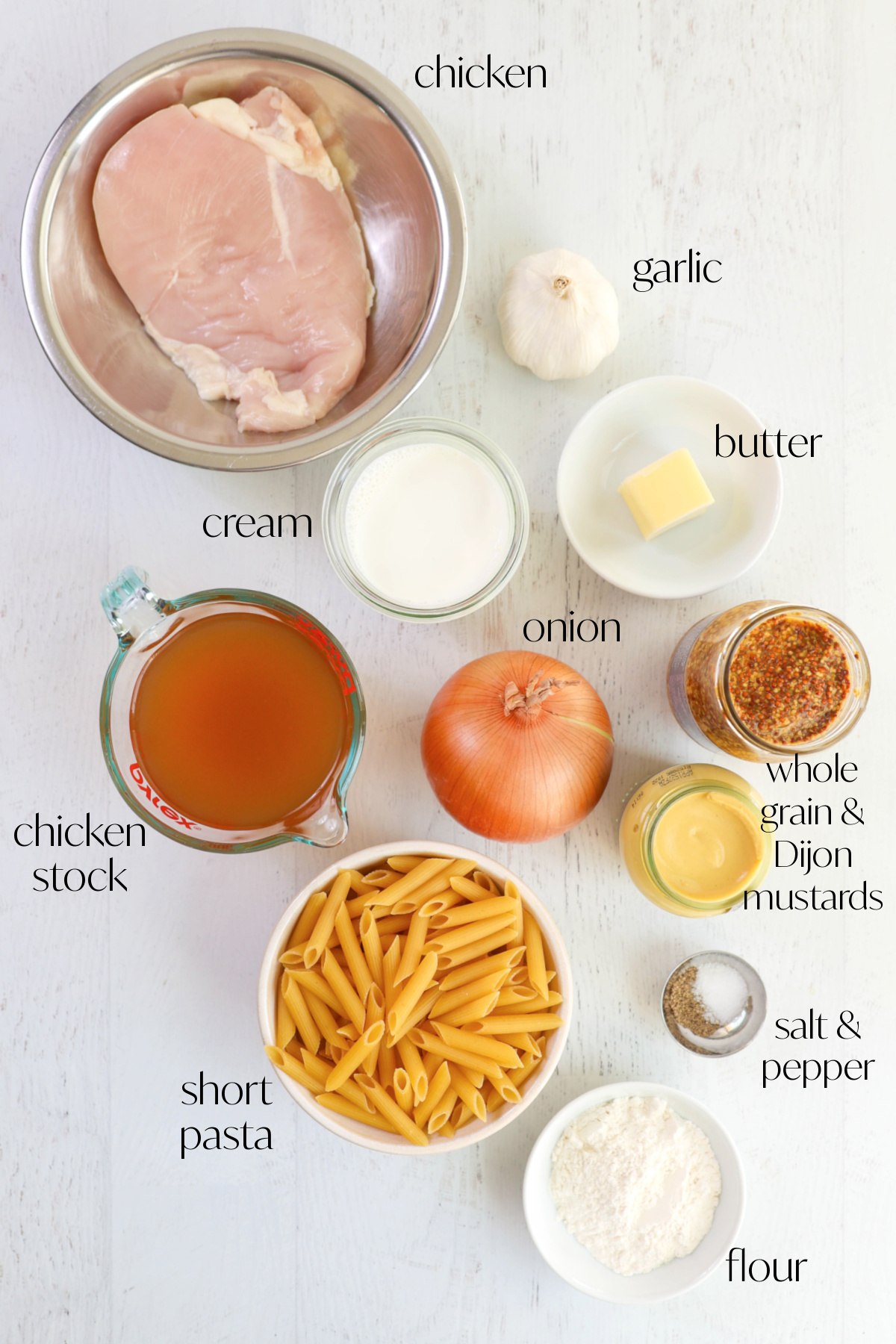 Ingredients for Dijon chicken pasta on a white background.