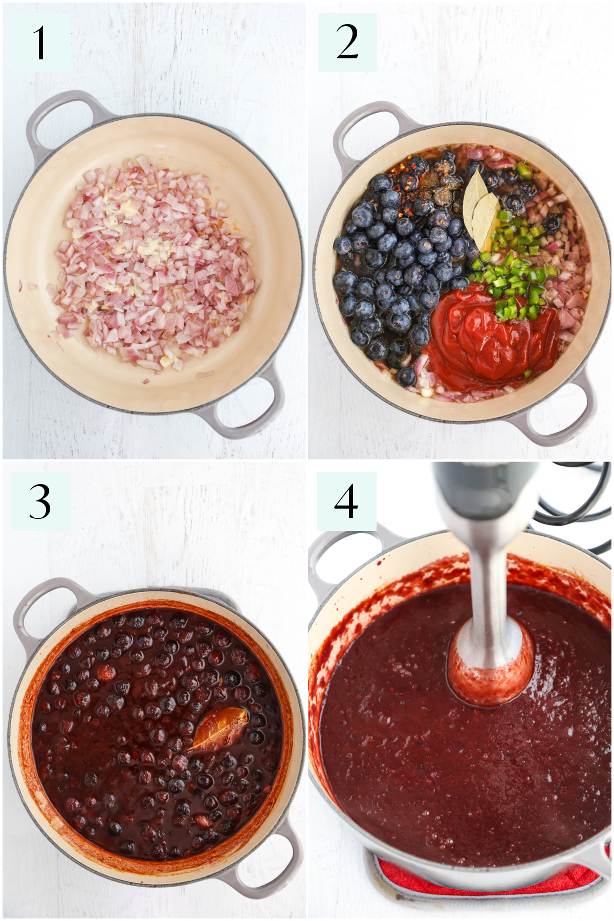 Step by step photos showing how to make blueberry BBQ sauce.