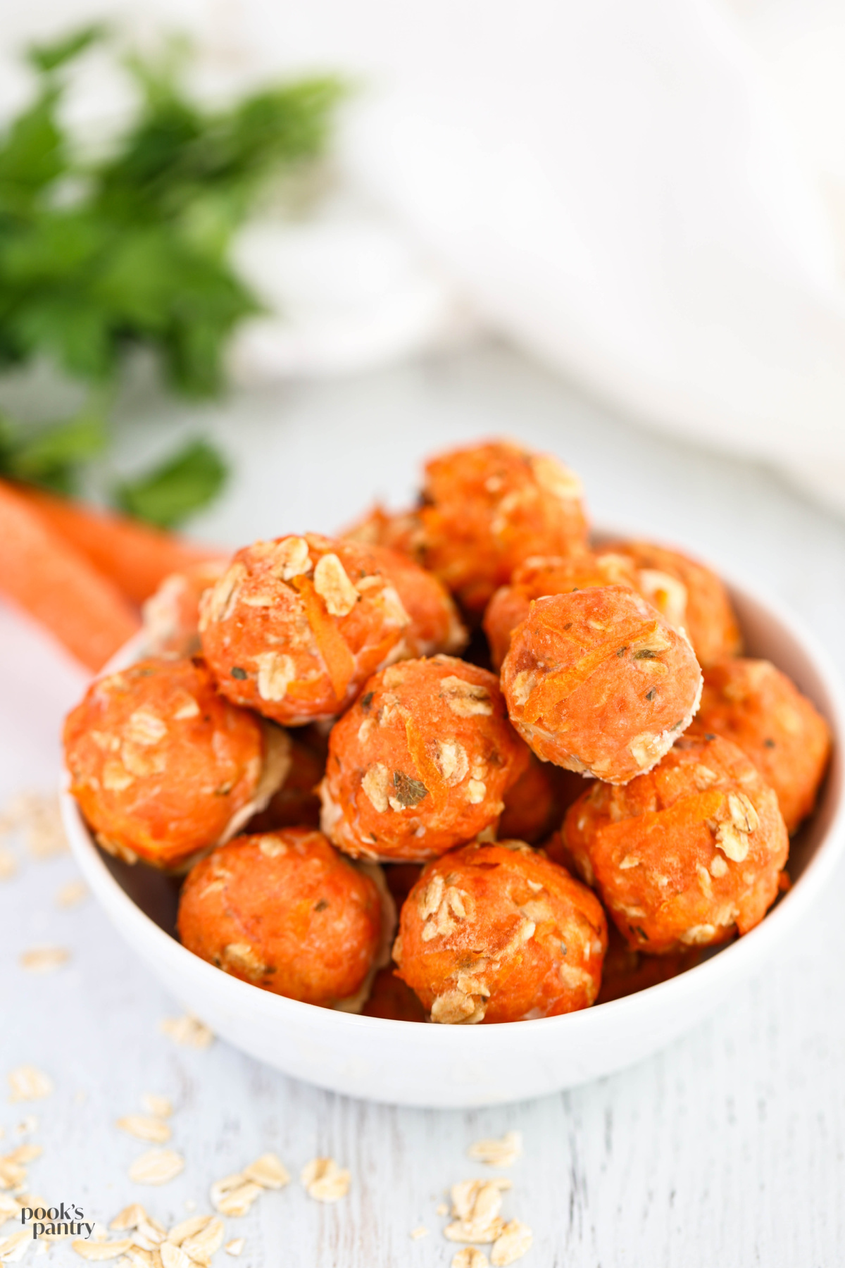 Salmon meatballs for dogs in a small white bowl with ingredients in the background.