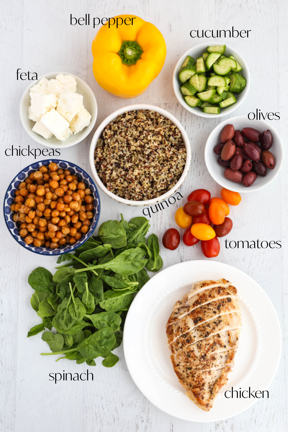 Ingredients for meal prep bowl on a white background.