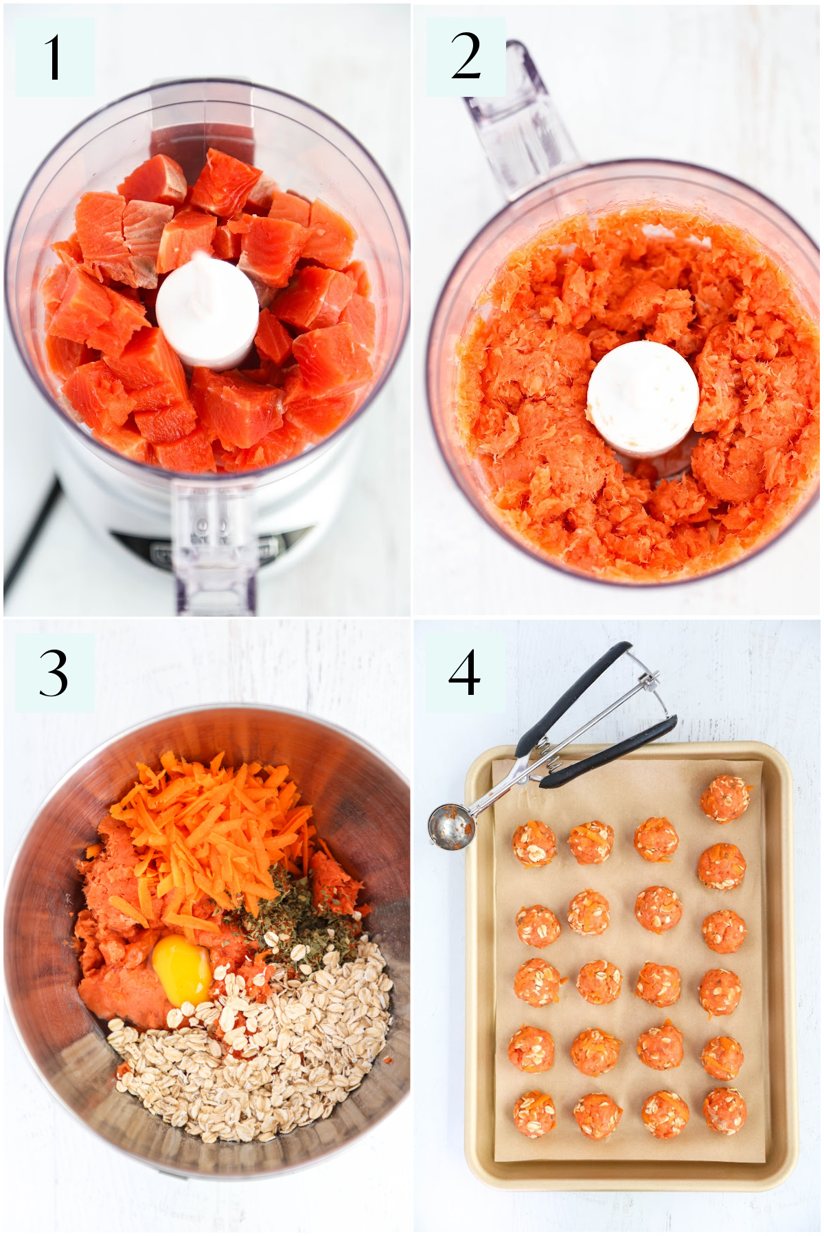 Step by step photos showing how to make salmon meatballs for dogs.