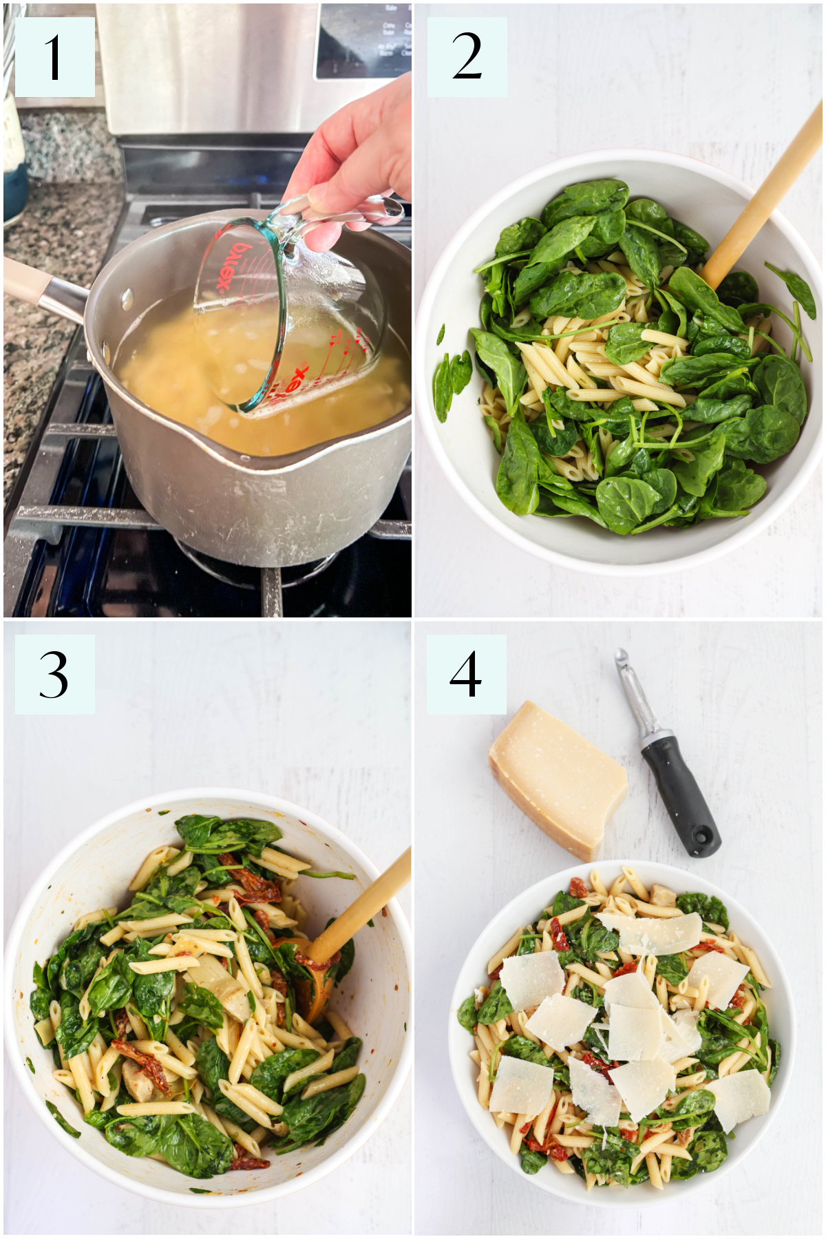 Step by step photos showing how to make pasta salad, including reserving pasta water to make lemony sauce.
