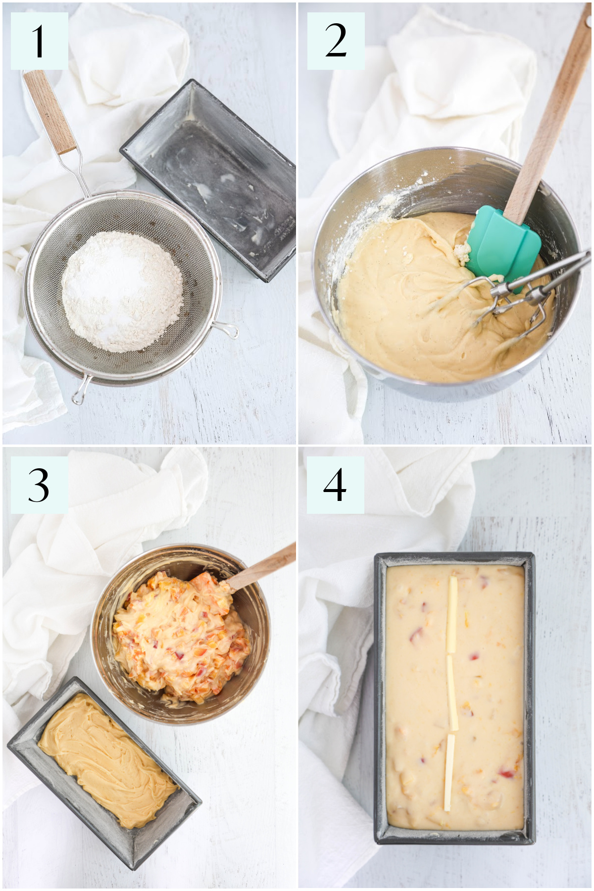 Step by step photos showing how to make peach loaf cake.