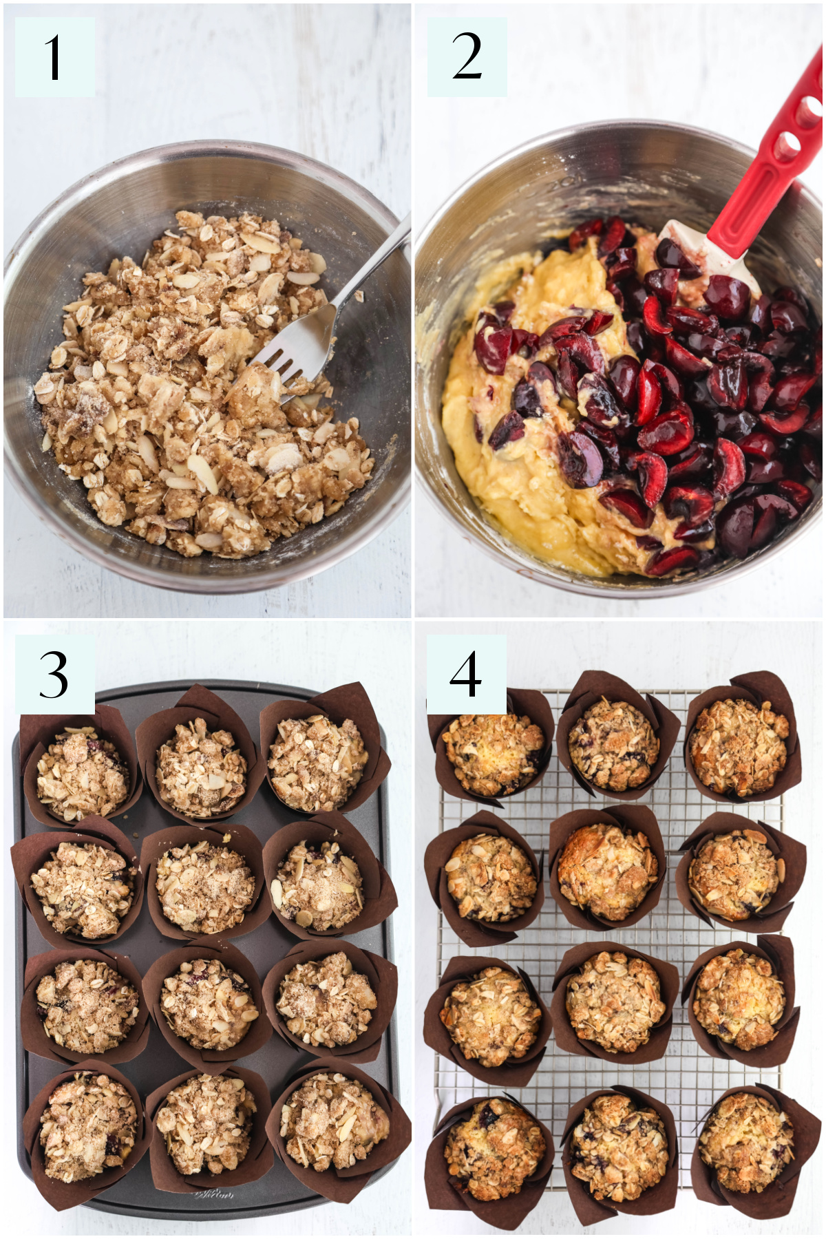 Step by step photos showing how to make cherry muffins with almond streusel.