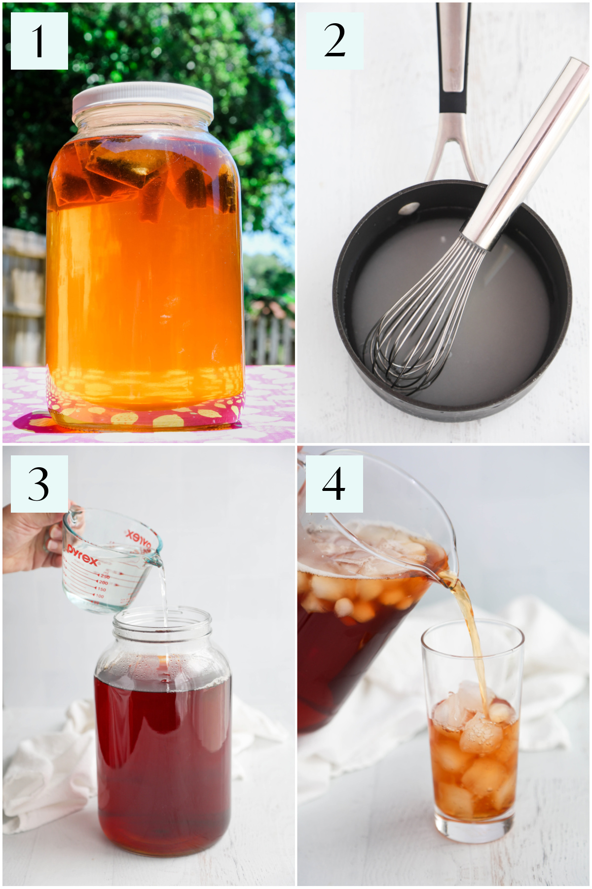 Step by step photos showing how to make homemade lemonade iced tea with sun tea.