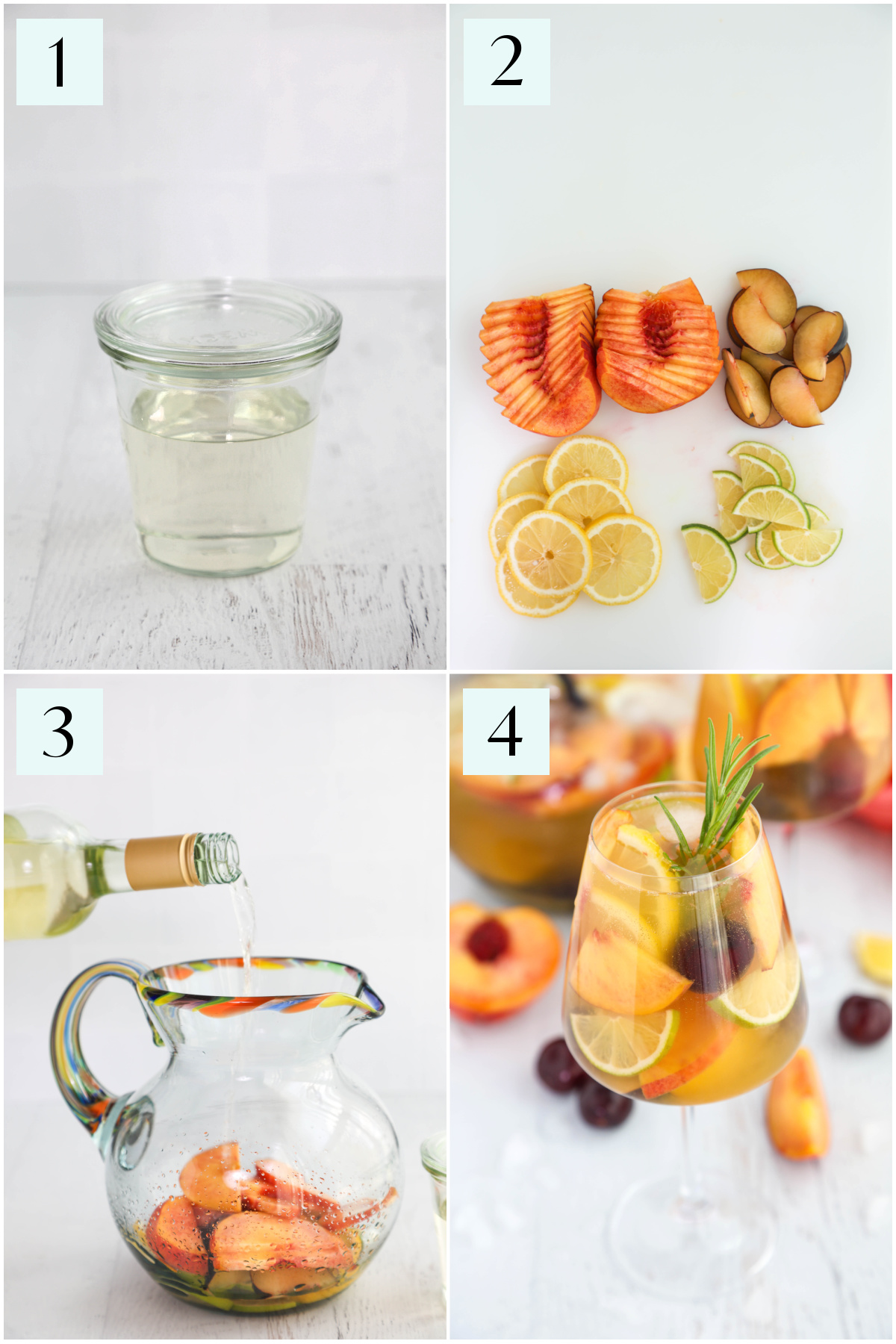 Step by step photo showing how to make peach sangria.