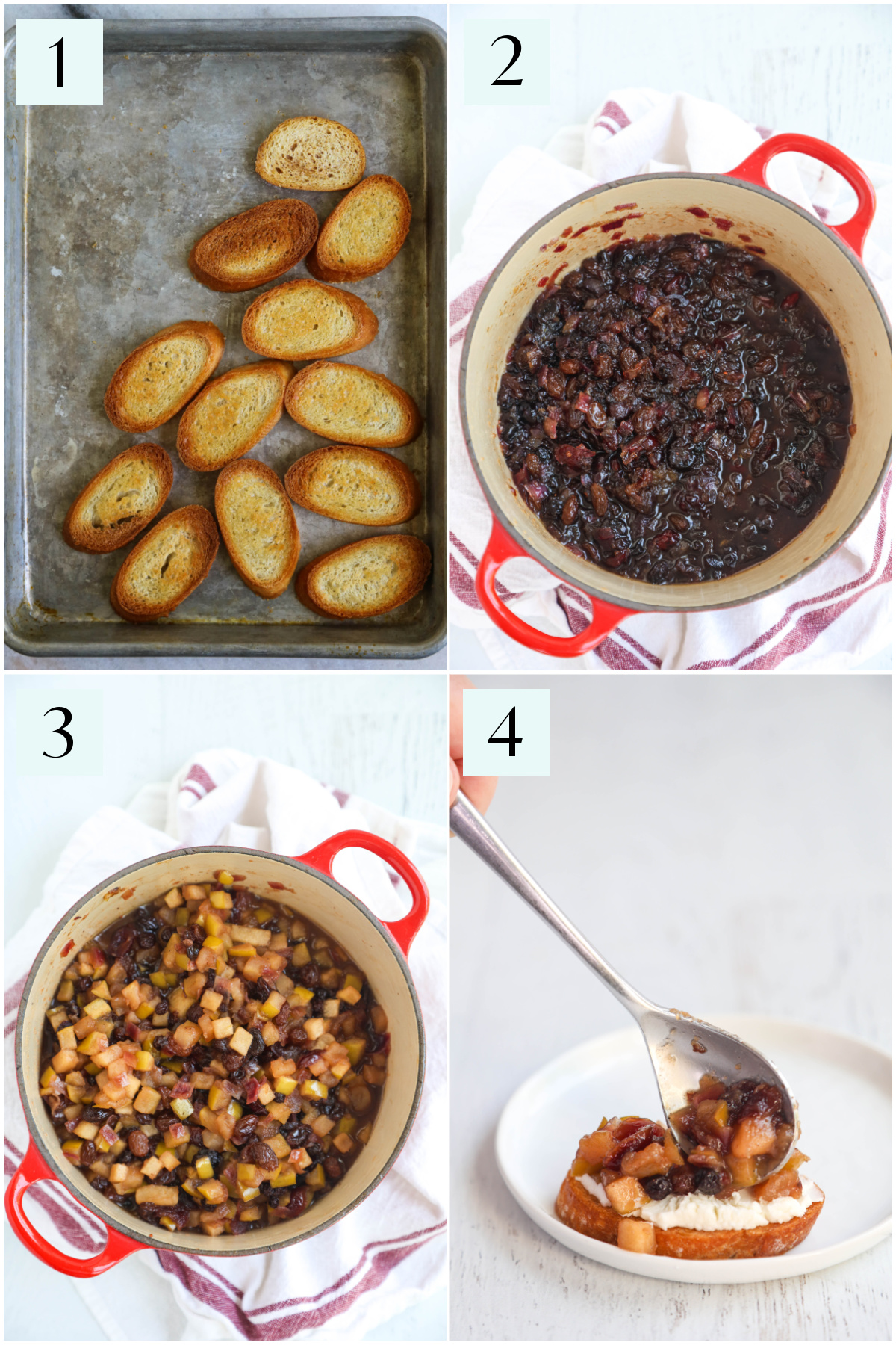 Step by step photos showing how to make apple chutney bruschetta.