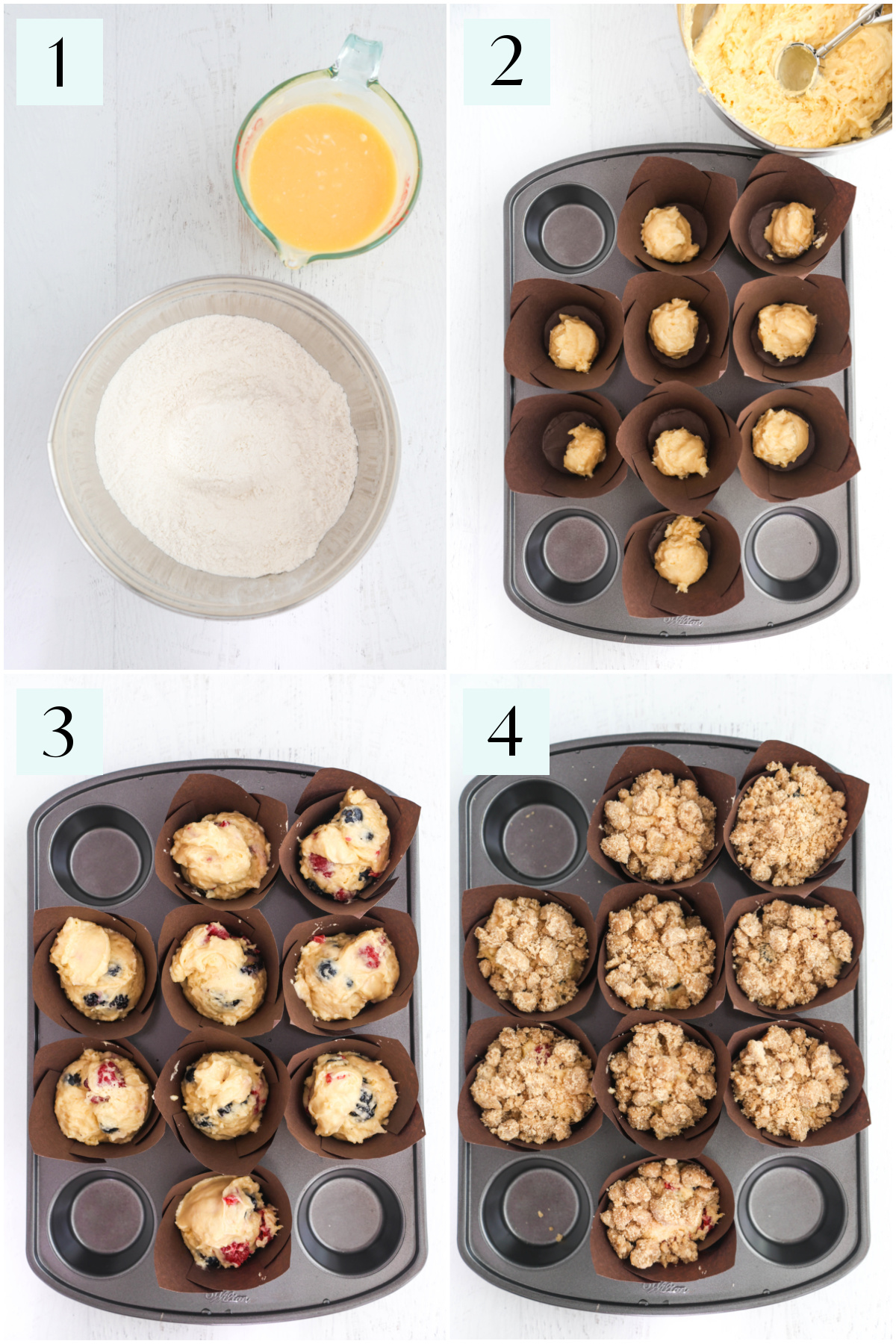Step by step photos collage showing how to make mixed berry muffins.
