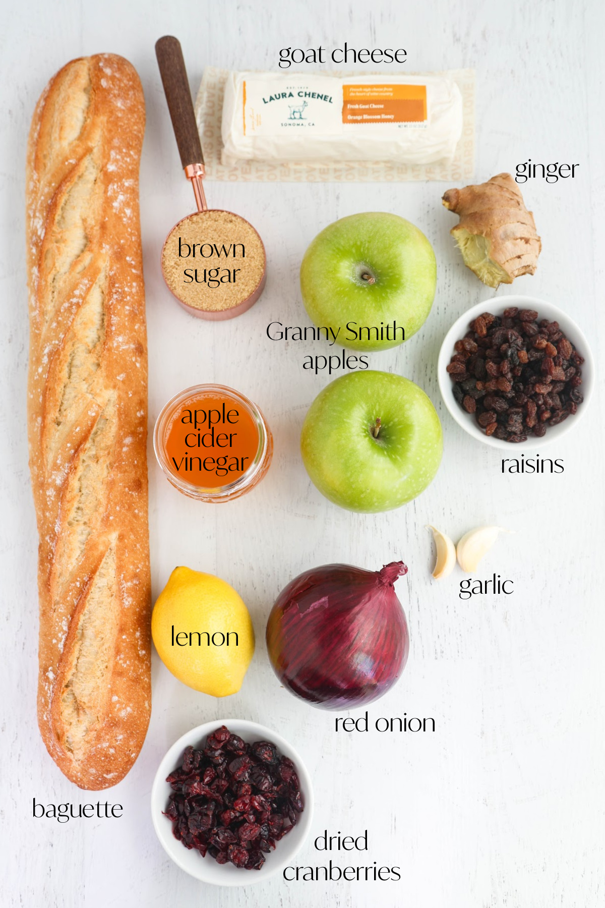 Ingredients for apple bruschetta on a light background.