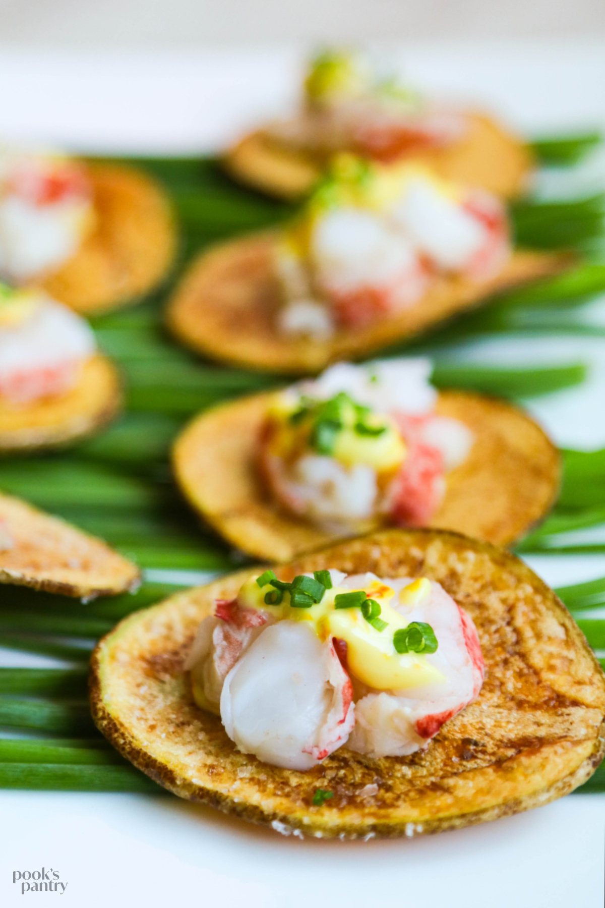 Poached lobster on freshly made potato chips topped with a spicy saffron aioli sitting on a bed of chives.