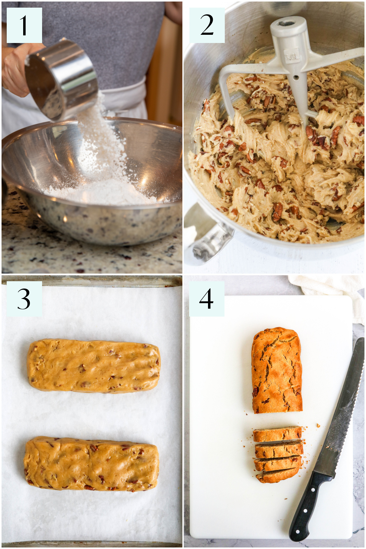 Collage of photos showing how to make butter pecan biscotti.