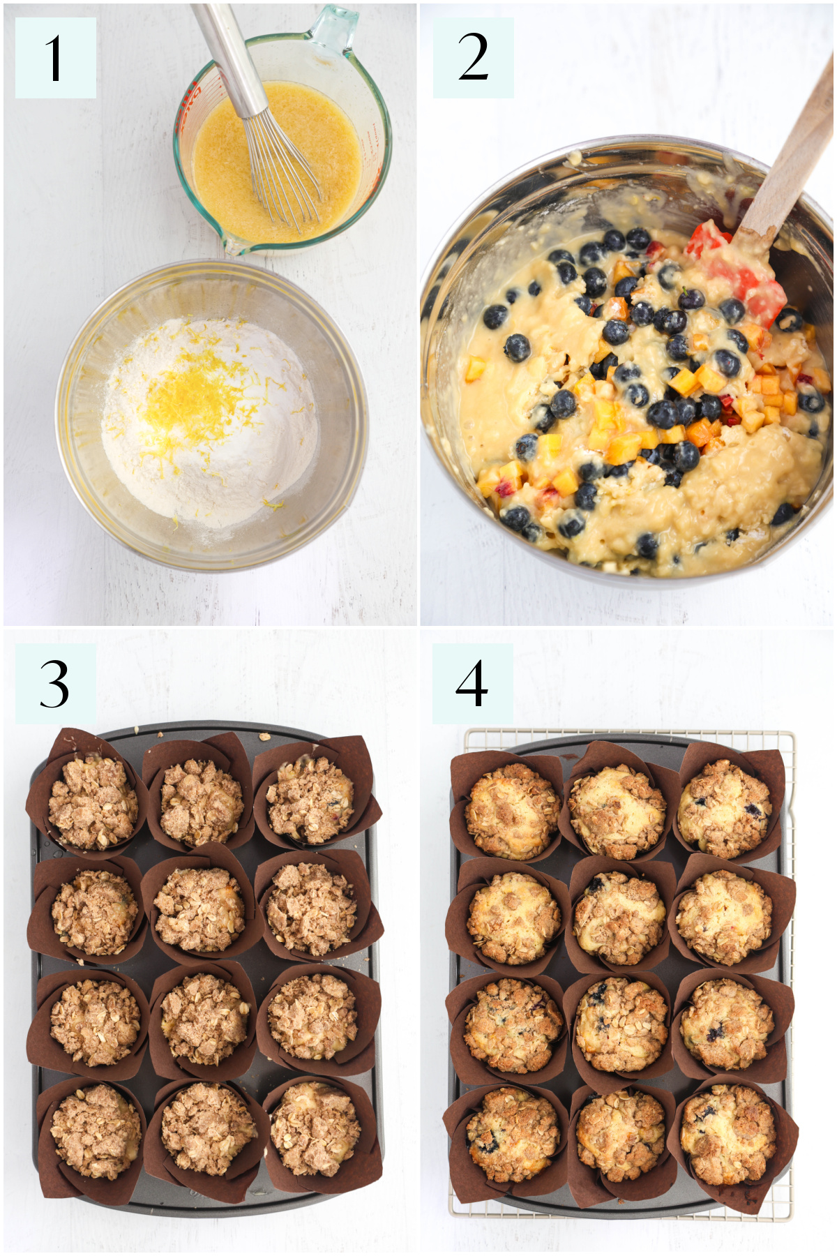 Step by step photos showing how to make blueberry peach muffins.