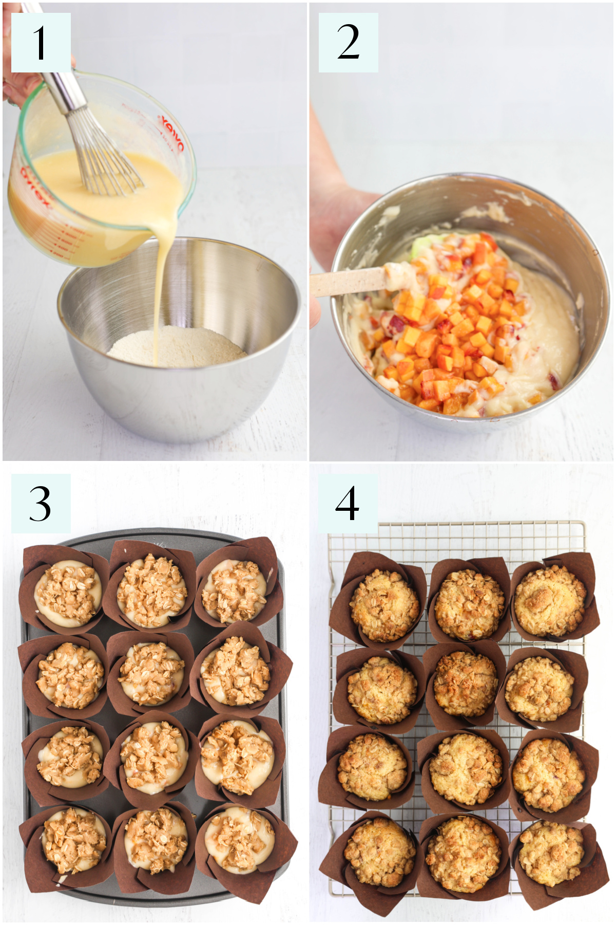Step by step photos showing how to make peach muffins.