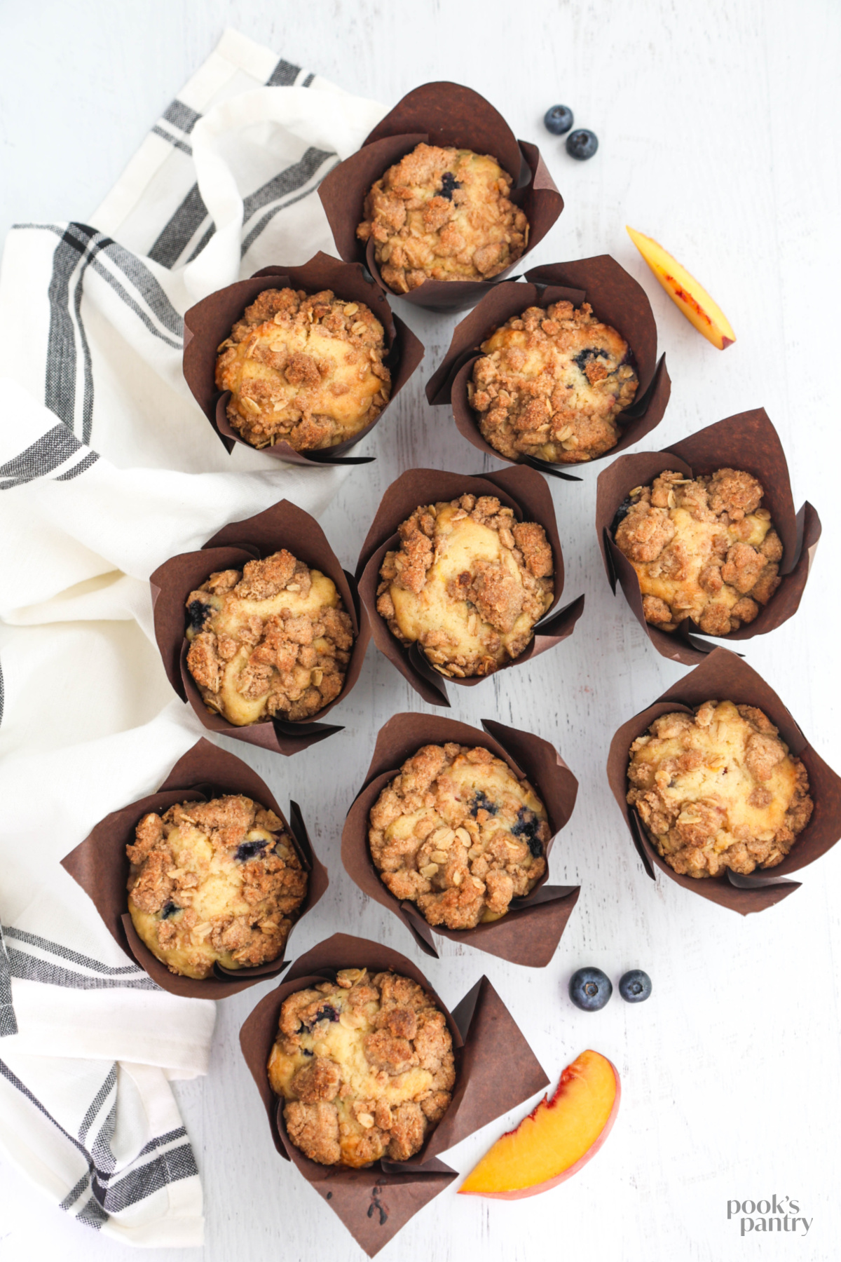 Overhead photo showing the crumb-topped muffin crowns.